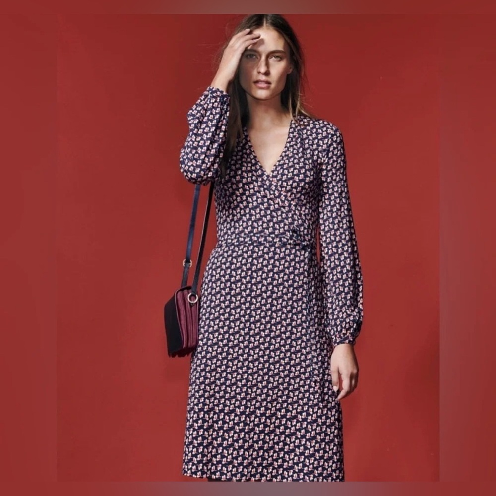 Boden Elodie Jersey Wrap Dress - Navy Clover Print - Size 8